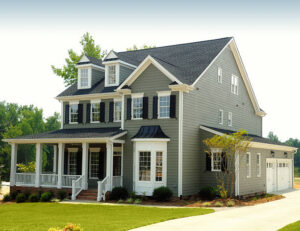 Gray two-story home with new siding