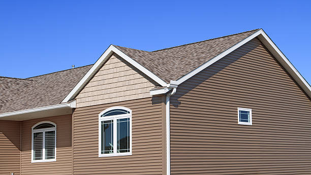 Newly built home with brown vinyl siding and contemporary architectural details